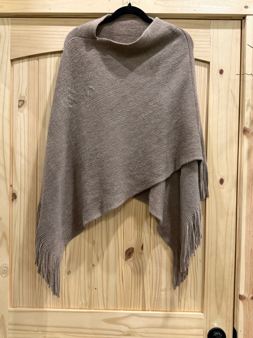 2 Chic Taupe Brown Metallic Shimmer Knit Fringe Poncho Wrap Cowl Neck